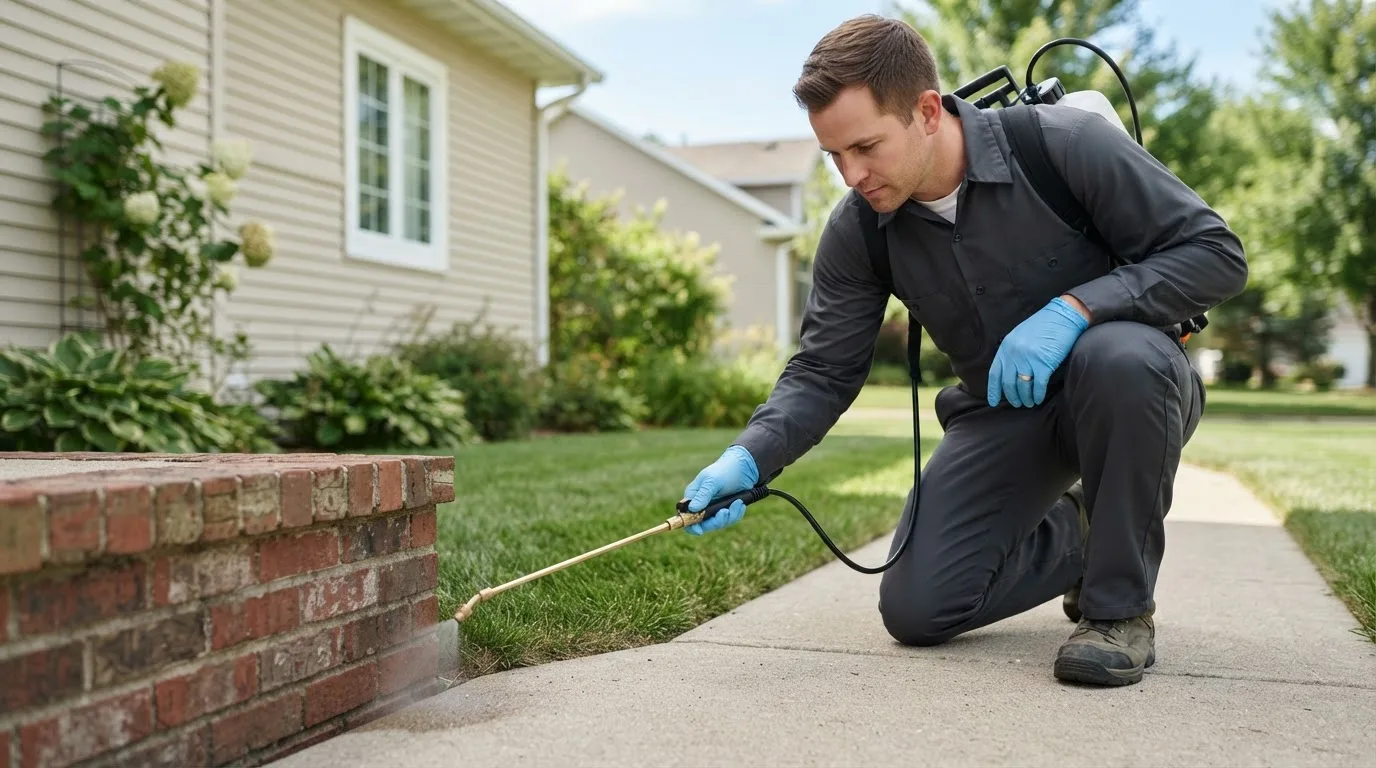Pest control technician treating a home near Rincon, GA